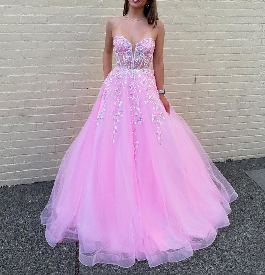 Pink Strapless Sequin Corset Long Prom Dress with Appliques