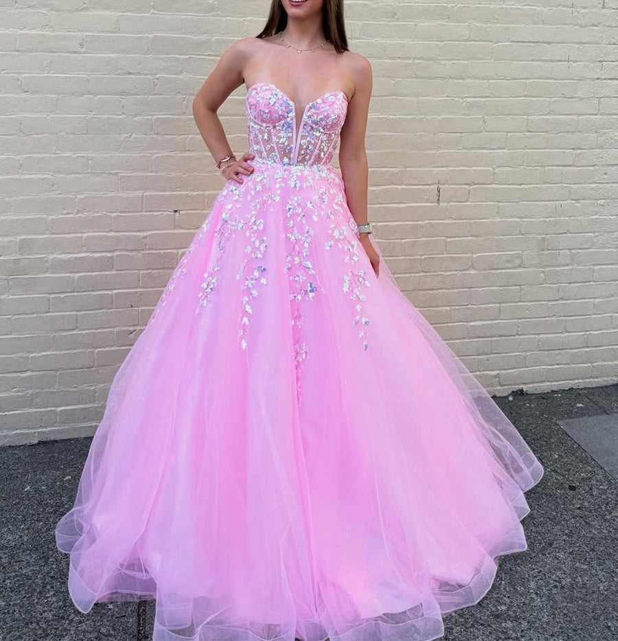 Pink Strapless Sequin Corset Long Prom Dress with Appliques