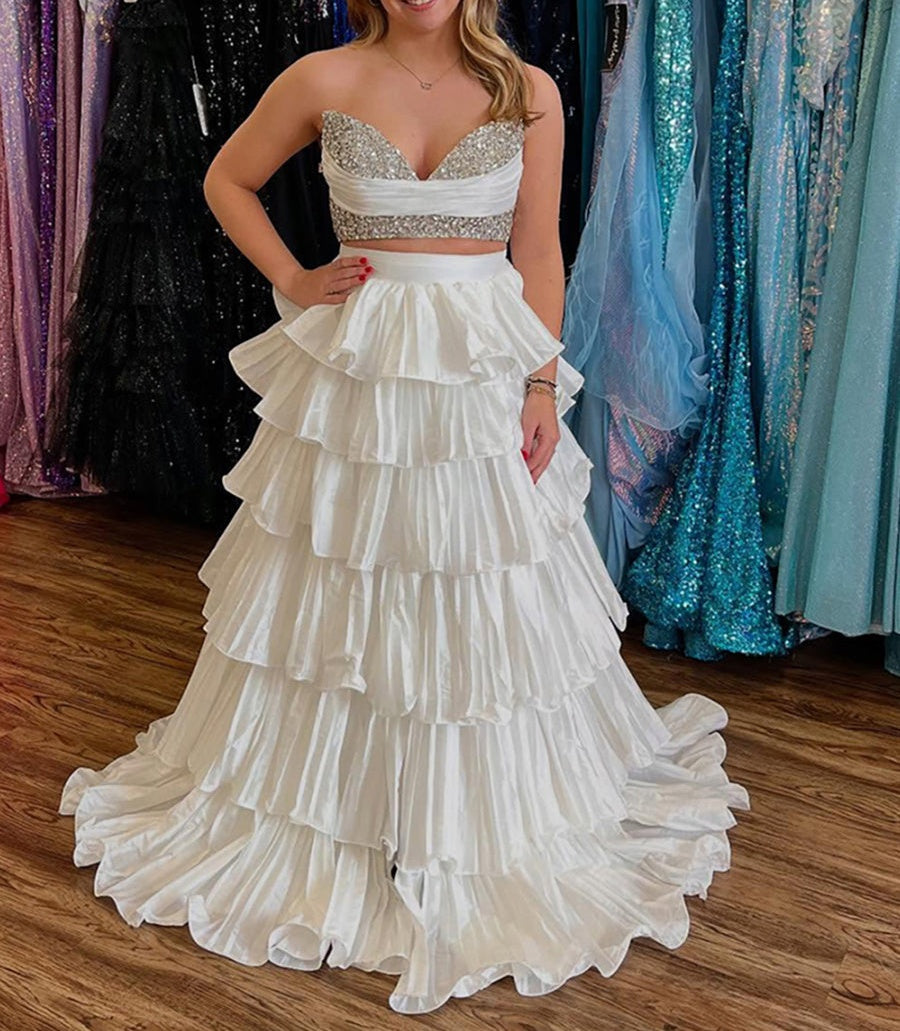 White Two-Piece Tiered Ruffle Prom Dress with Crystal Bodice