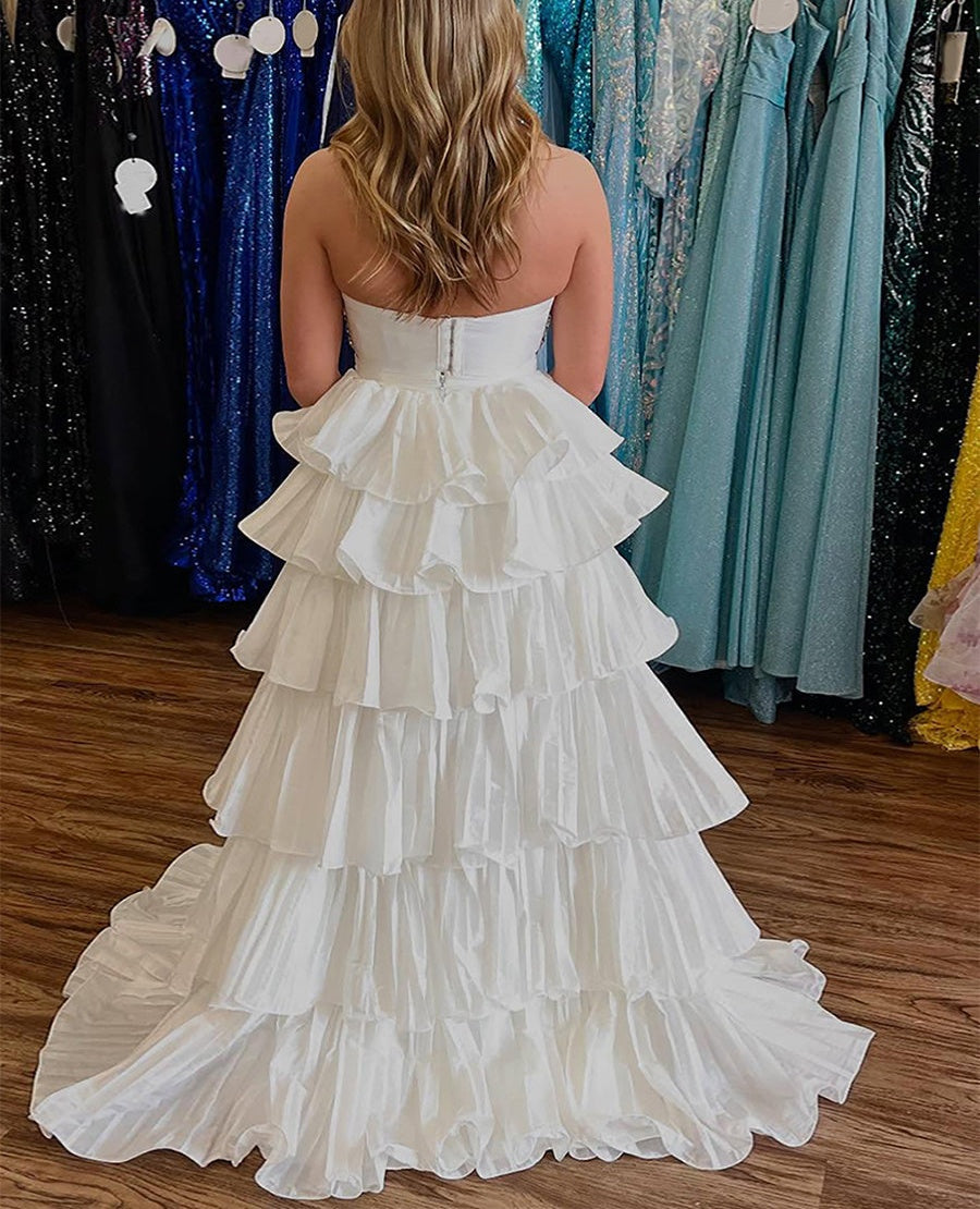White Two-Piece Tiered Ruffle Prom Dress with Crystal Bodice