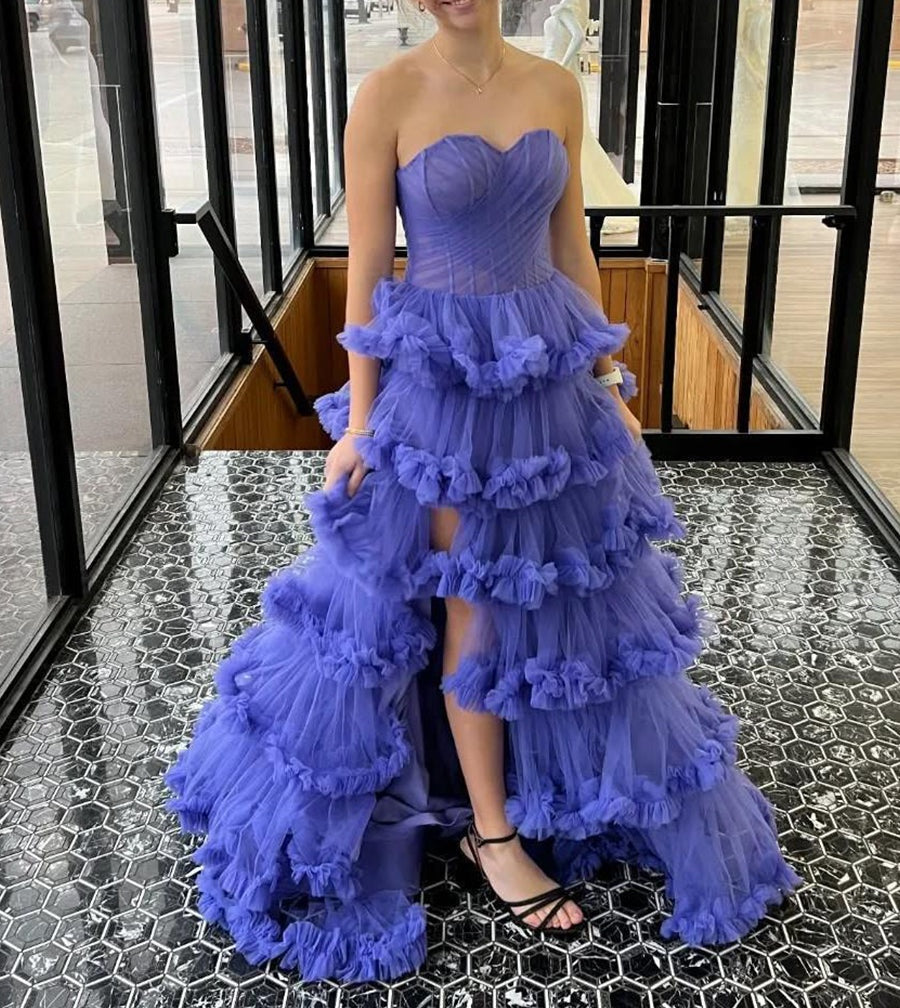 Purple Strapless Tiered Ruffle Corset Prom Dress with Slit Purple Strapless Tiered Ruffle Corset Prom Dress with Slit