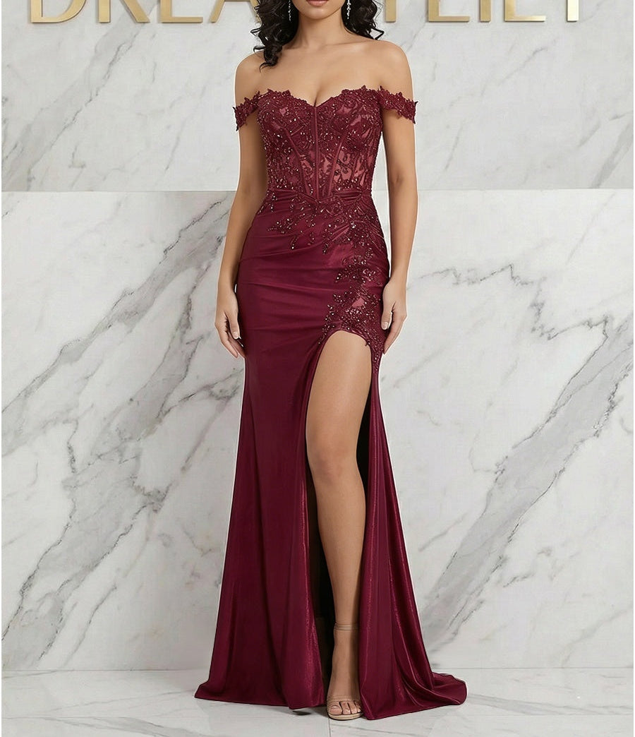 burgundy prom dress corset Off-the-Shoulder Lace with Slit REMOVE_260MARCH2026 Long Neckline Embroidered and beaded Wedding Color:Black and white