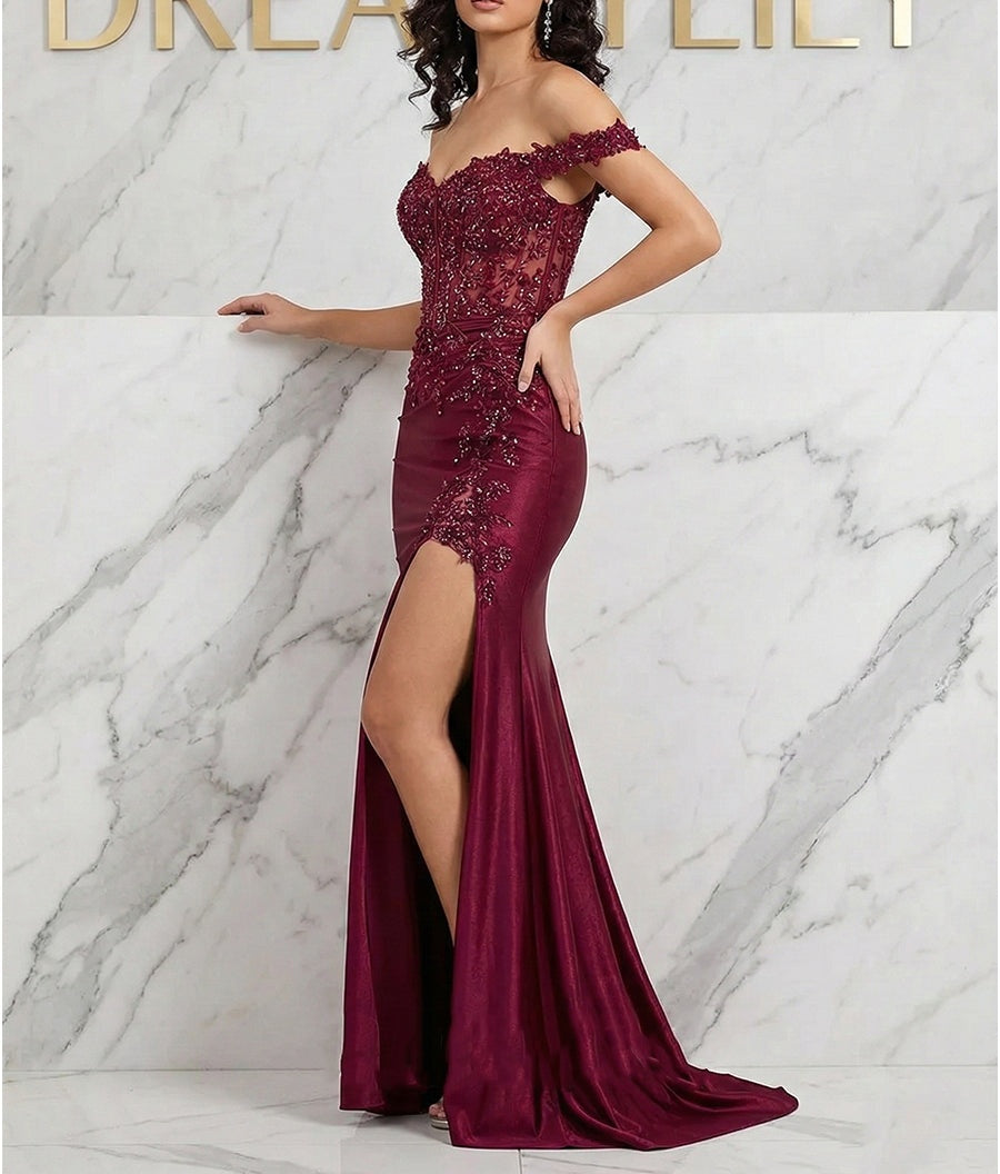 Burgundy Off-the-Shoulder Lace Corset Prom Dress with Slit