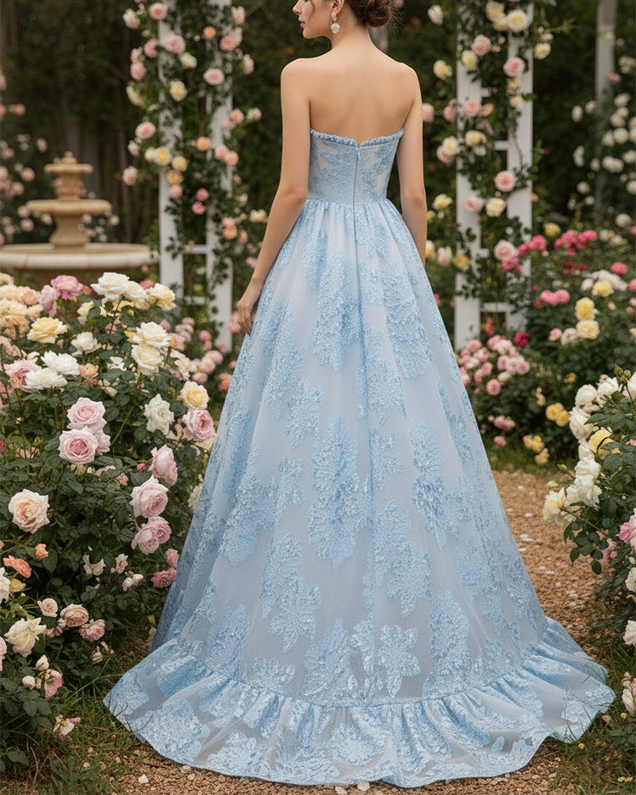 Ice Blue A-Line Strapless Textured Corset Prom Dress