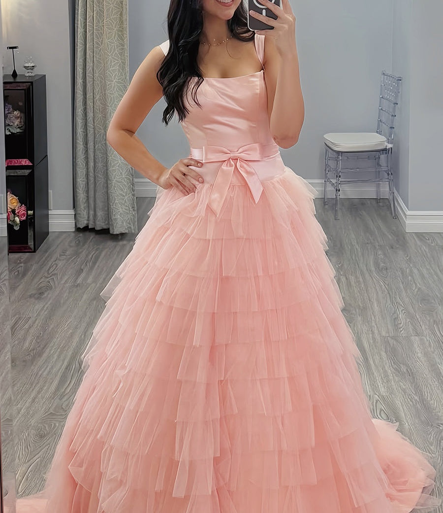 light pink tiered prom dress Leely Women Pink Long Corset Prom Dress With Lace A Line Strapless Tiered Formal Dress