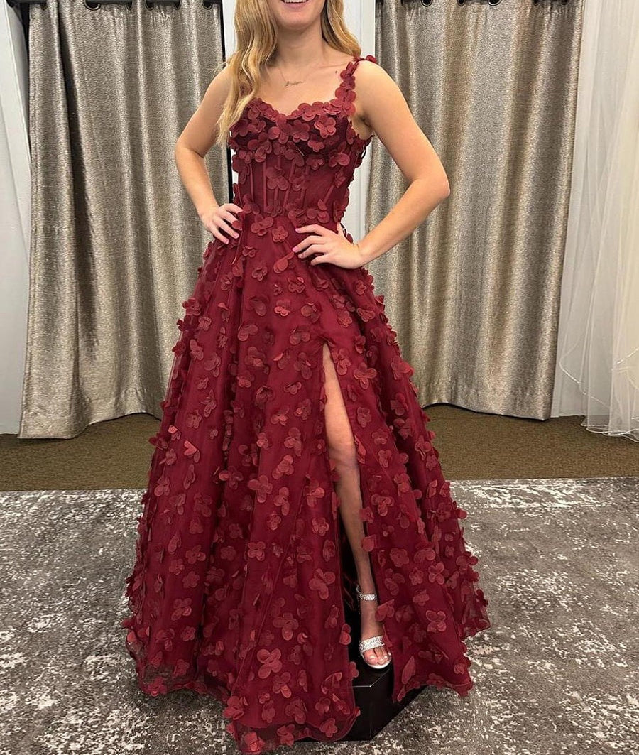 Burgundy 3D Floral Appliqué Corset Prom Dress with Slit