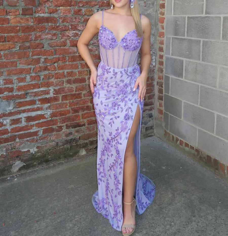 fitted lace wedding dress A Line Spaghetti Straps Lilac Corset Prom Dress with Appliques main image 0