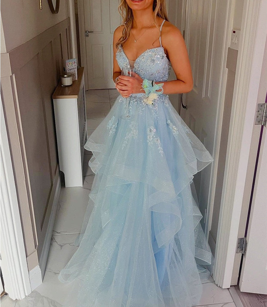 light blue ruffle prom dress Sparkling Floral Tiered Long Sleeveless 6 Size:72