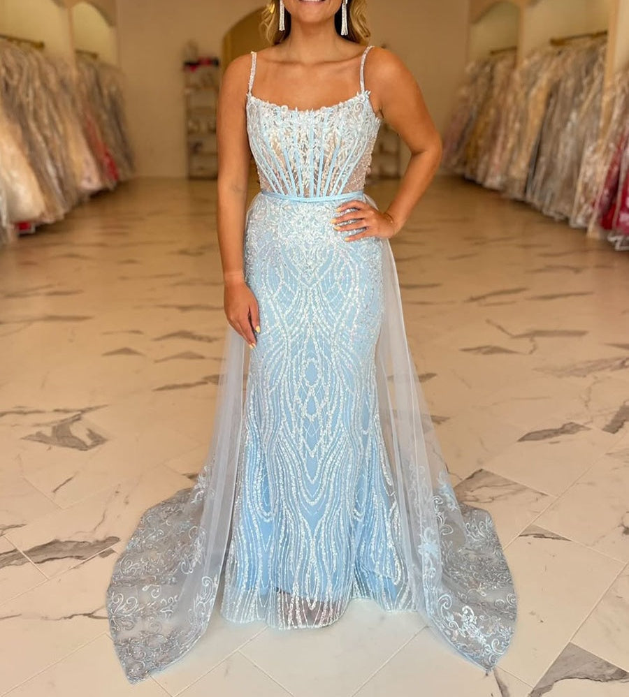 Light Blue Beaded Long Corset Prom Dress with Tulle Train