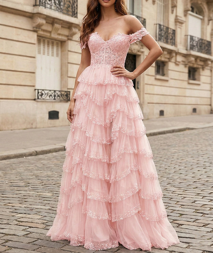Sparkling Royal Blue Off The Shoulder Tiered Ruffle Corset Prom Dress with Slit