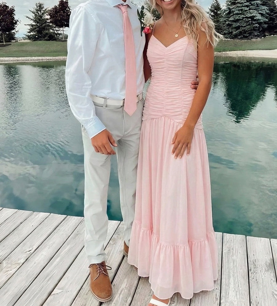 Sweet Blush Pink A Line Ruched Drop-Waist Prom Dress