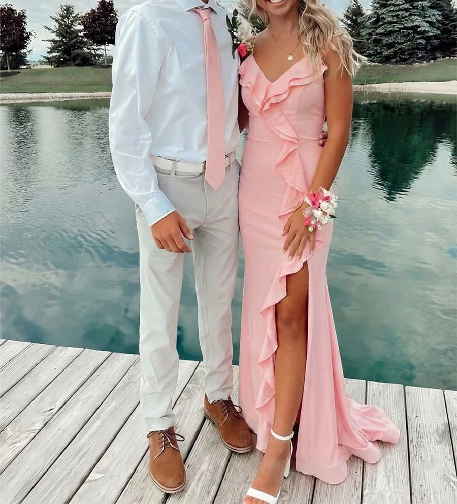 Pink Ruffled V-Neck Prom Dress with High Slit