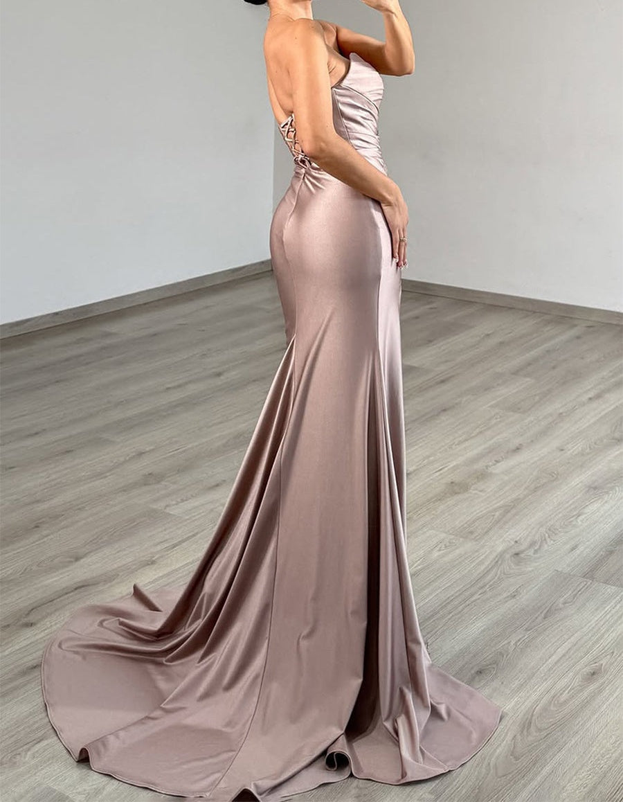 Taupe Strapless Satin Cutout Prom Dress with Crystal Detail