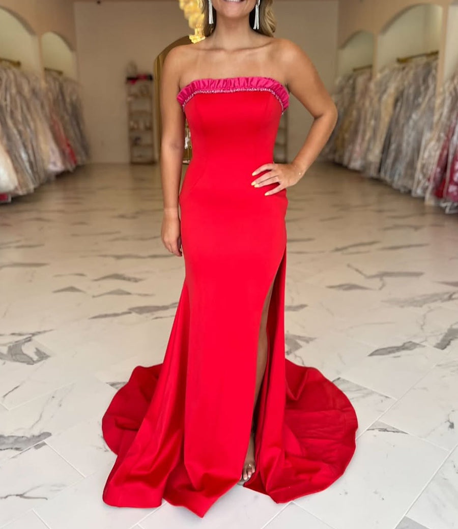 Red Ruffled Strapless Long Prom Dress with Slit