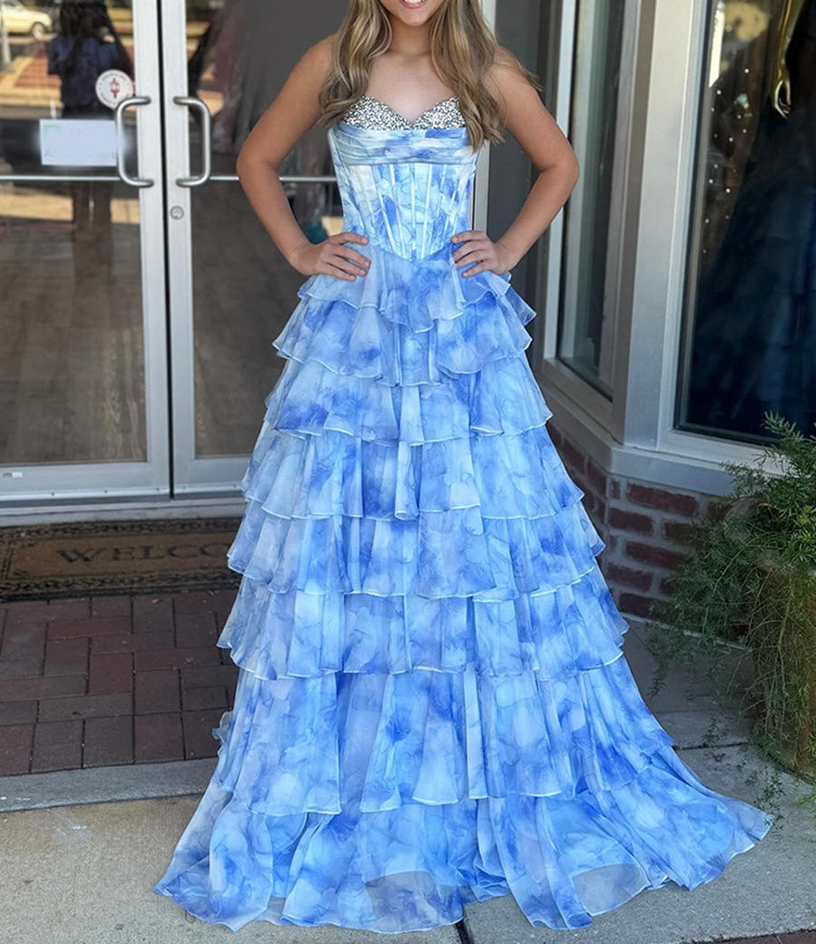 Blue Watercolor Tiered Ruffled Corset Prom Dress with Slit