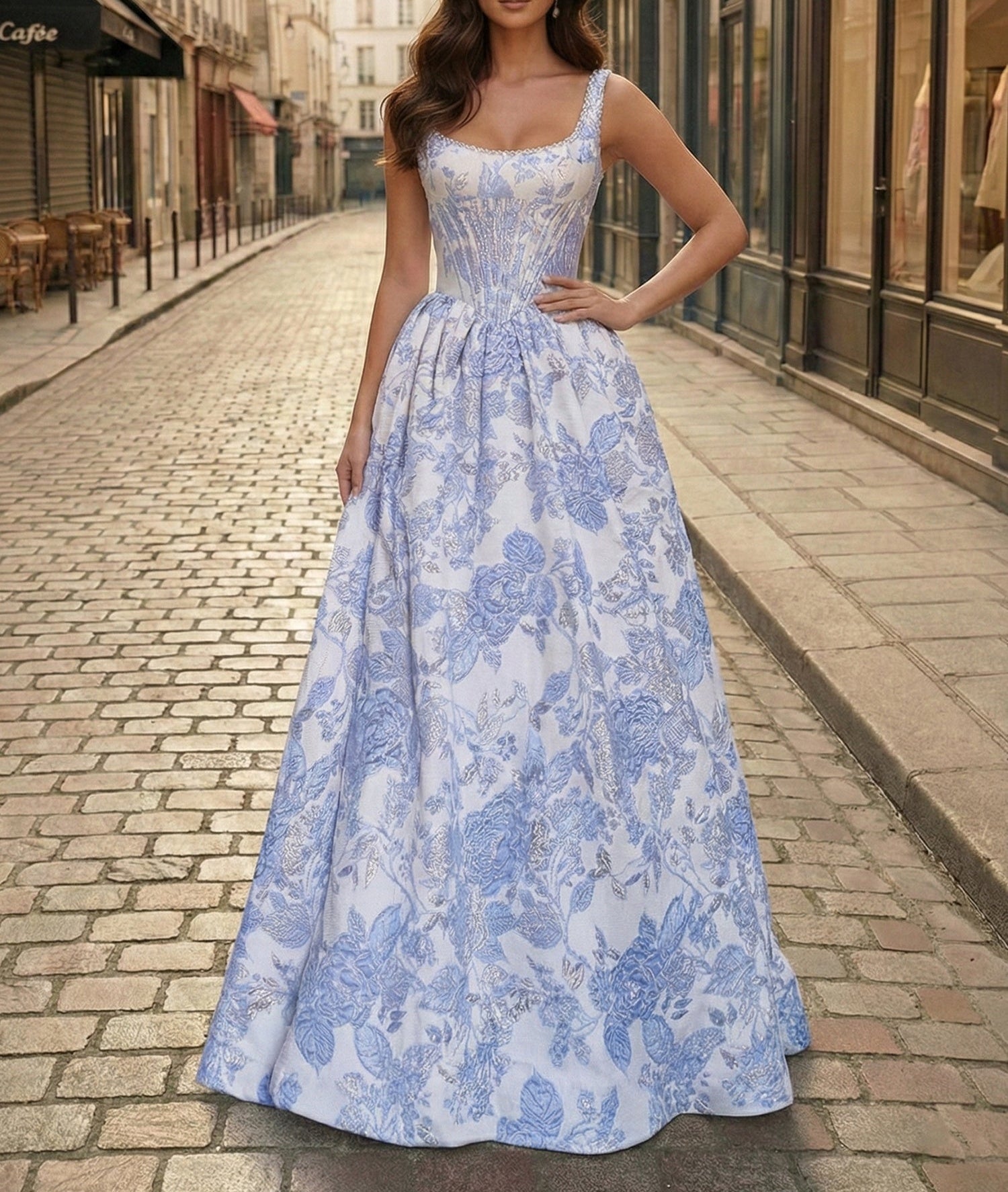 Blue Floral Brocade Pearl Long Corset Prom Dress
