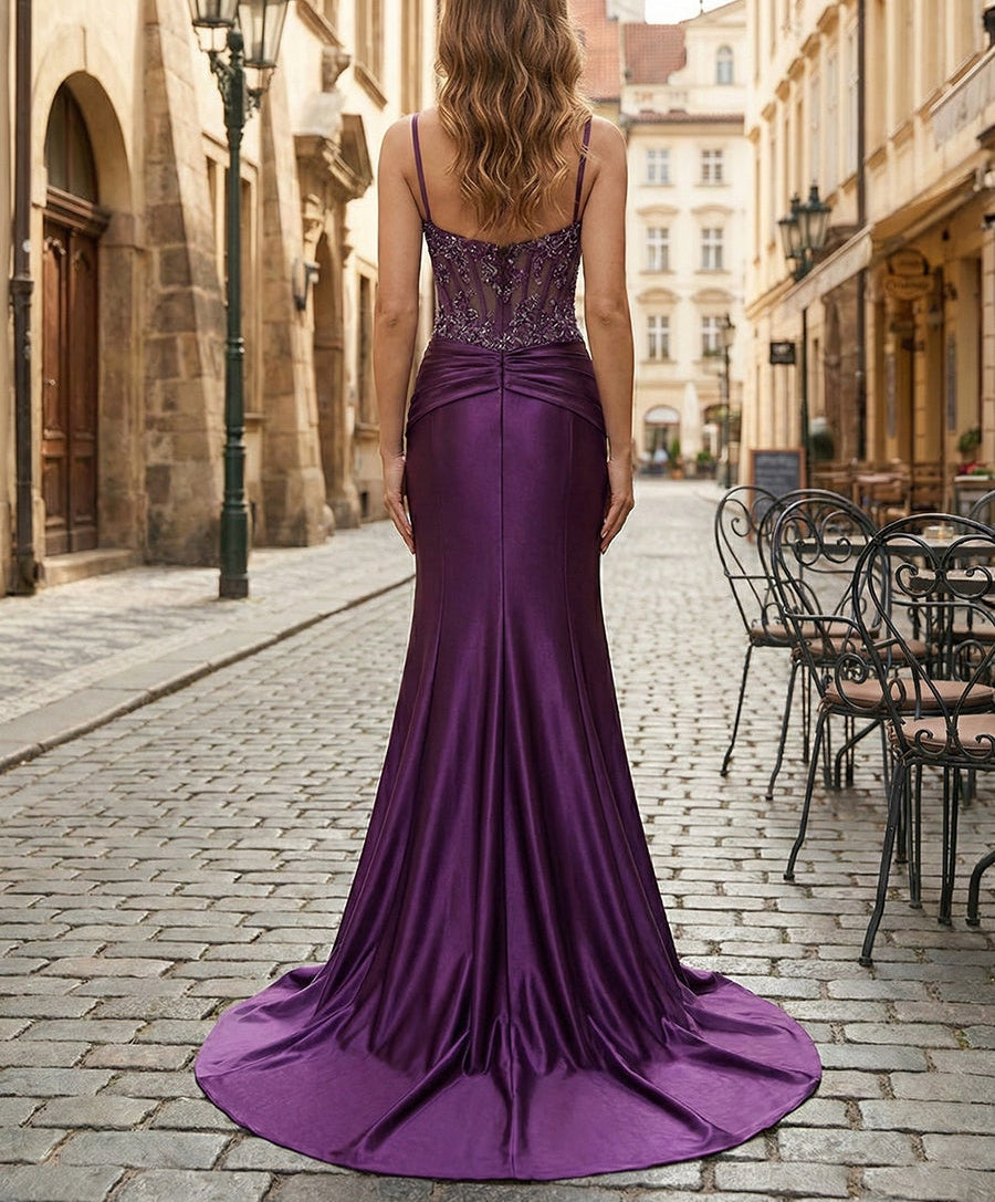 Purple Mermaid Spaghetti Straps Satin Long Corset Appliqued Prom Dress