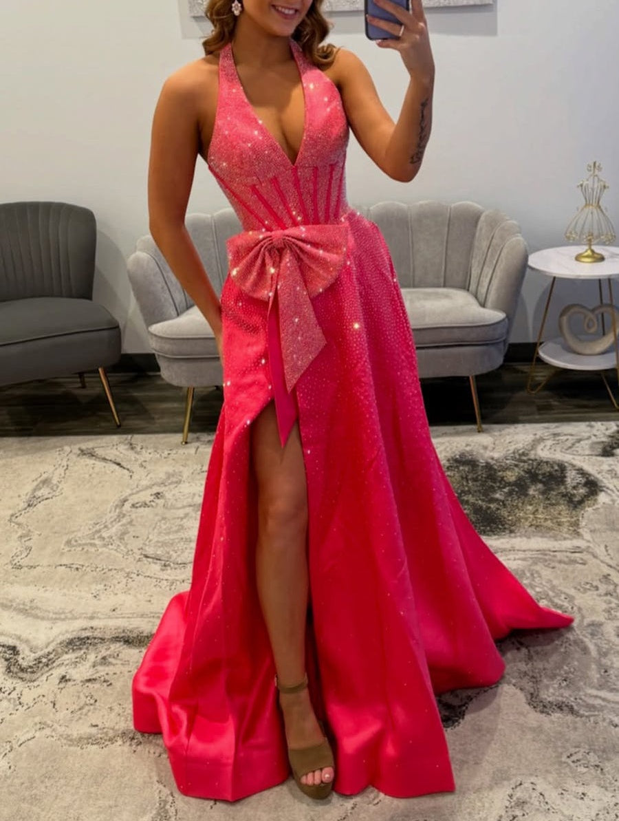 pink halter top prom dress Sparkling Corset with Bow versace cocktail dress