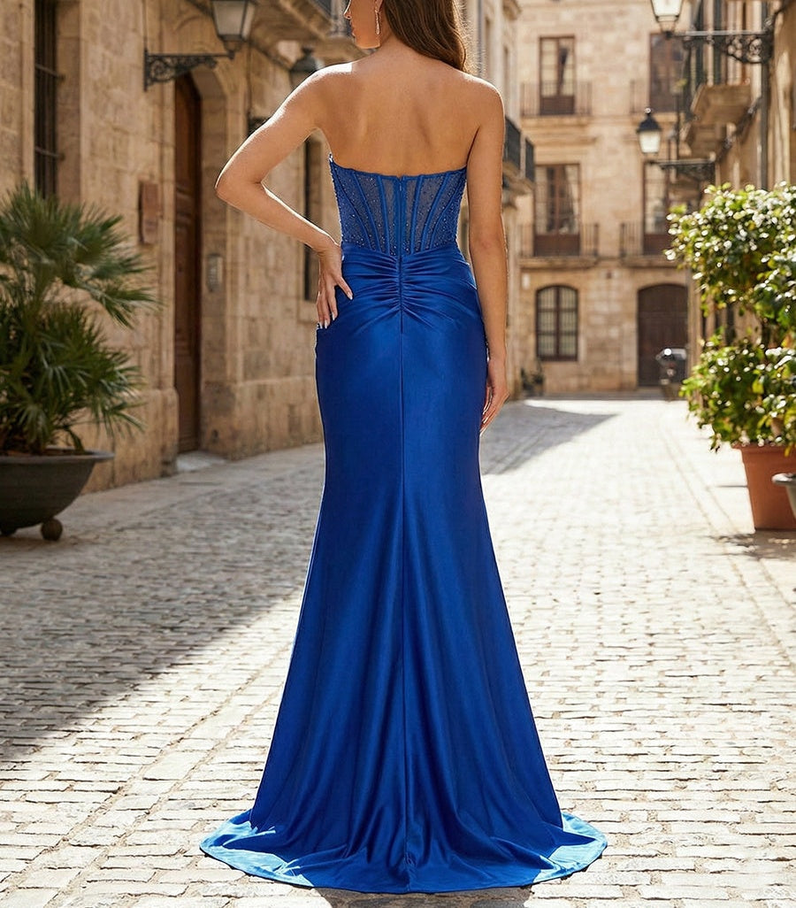 Royal Blue Strapless Corset Prom Dress with High Slit