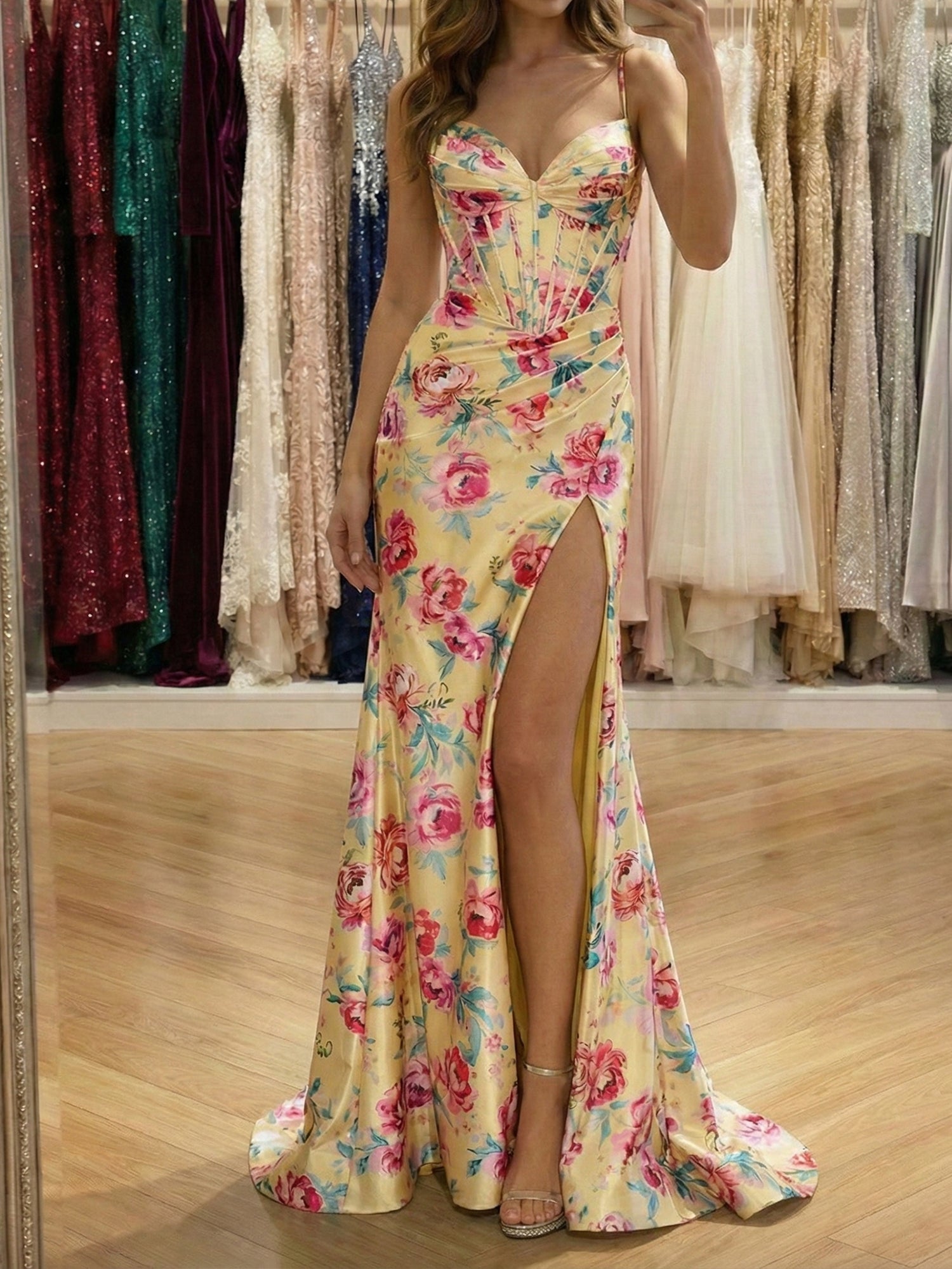 Yellow Floral Spaghetti Straps Satin Corset Prom Dress with Slit