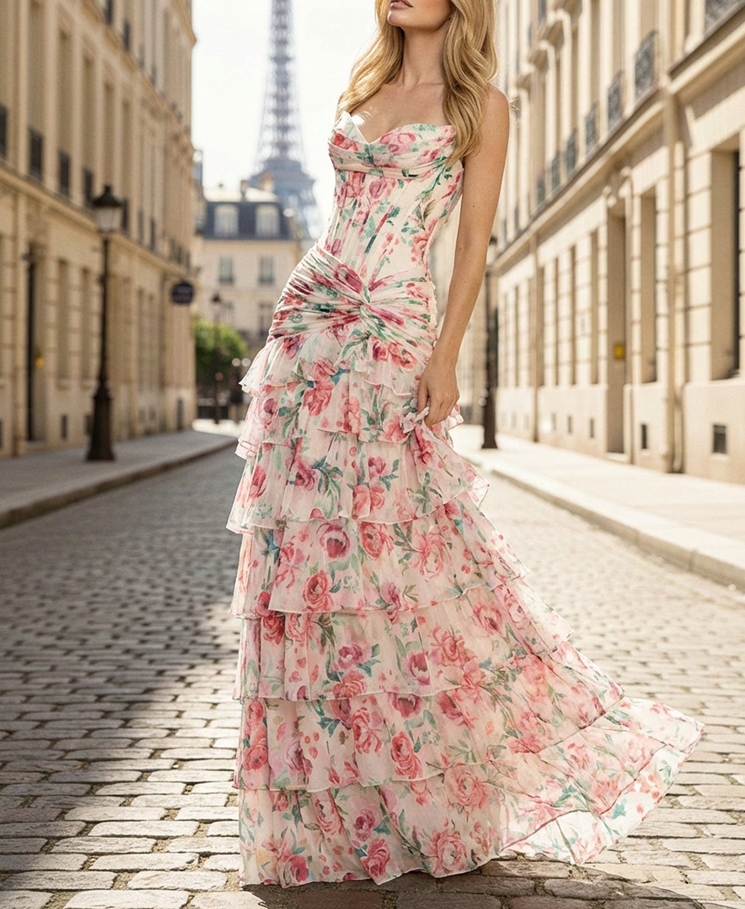 Pink Floral Strapless Sweetheart Tiered Ruffle Corset Prom Dress