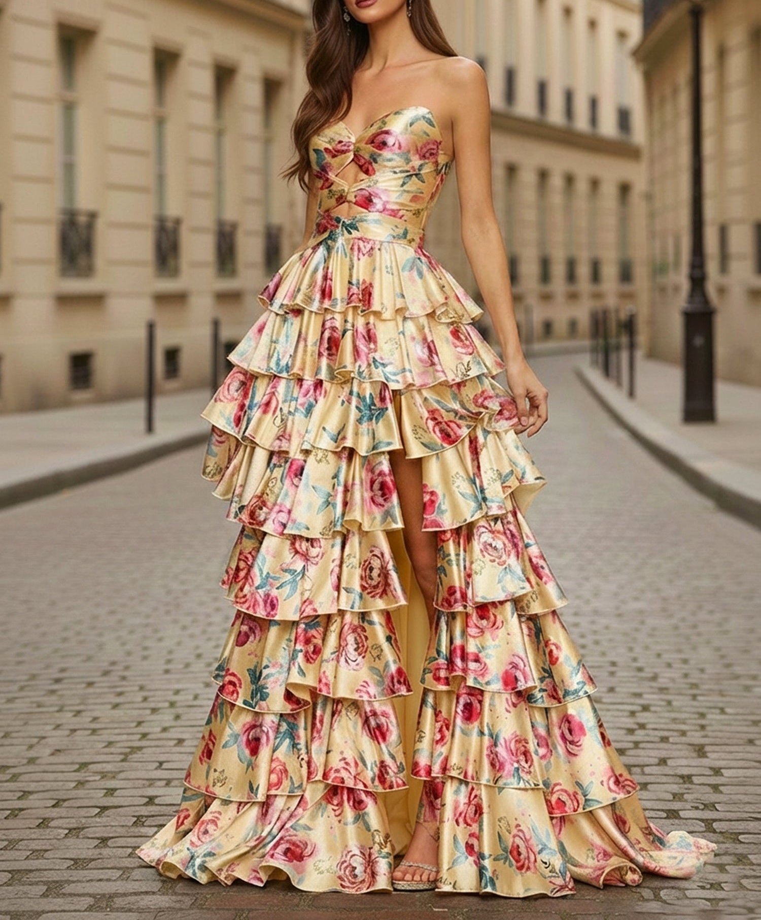 floral tiered prom dress Yellow Ruffle Long with Keyhole Color:Fuchsia Floral Dive into the essence Not-So-Quiet Luxury Cornelia Mini Dress -