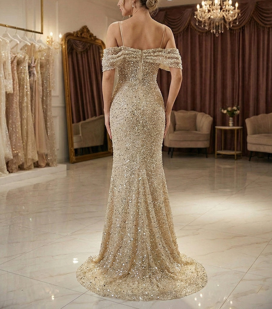 Sparkly Champagne Beaded Off-the-Shoulder Mermaid Long Prom Dress