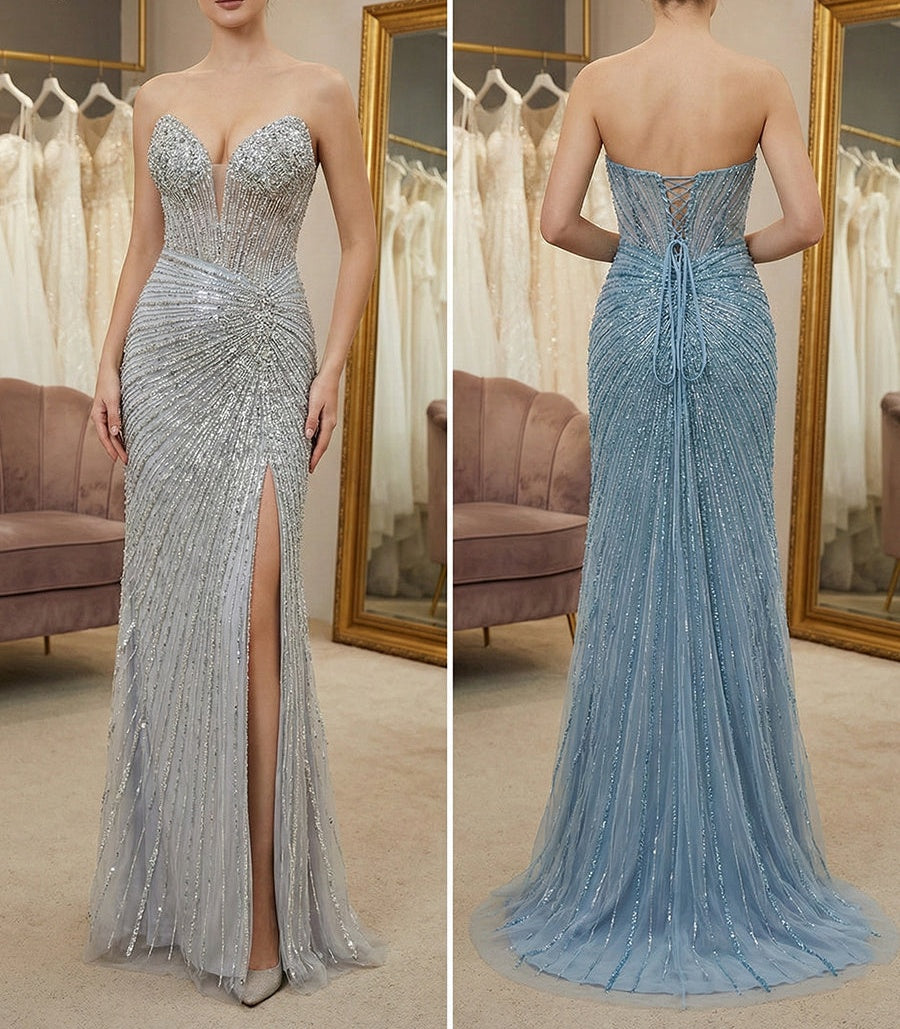 Dusty Blue Linear Beaded Long Corset Prom Dress with High Slit