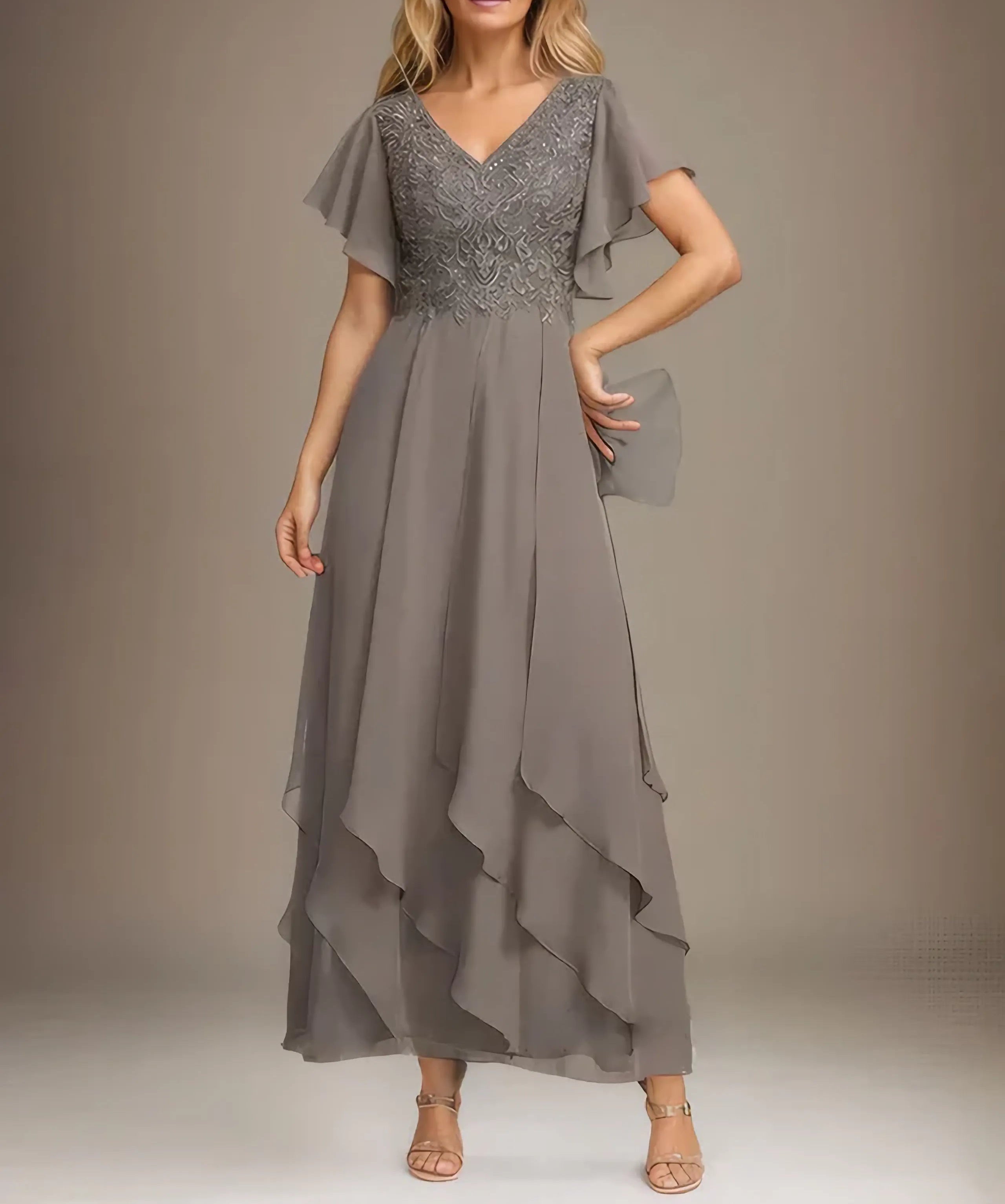 A-line V-Neck Ankle-Length Lace Chiffon Mother of the Bride Dress With