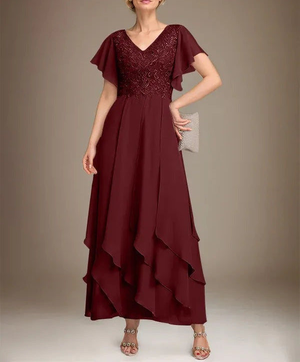 A-line V-Neck Ankle-Length Lace Chiffon Mother of the Bride Dress With Cascading Ruffles