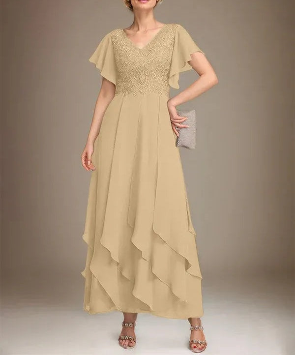 A-line V-Neck Ankle-Length Lace Chiffon Mother of the Bride Dress With Cascading Ruffles