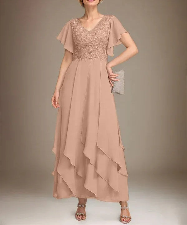 A-line V-Neck Ankle-Length Lace Chiffon Mother of the Bride Dress With Cascading Ruffles
