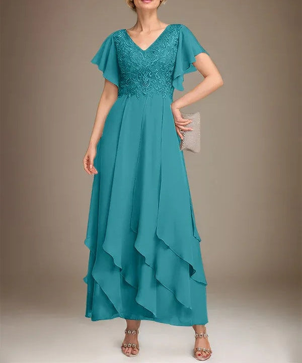 A-line V-Neck Ankle-Length Lace Chiffon Mother of the Bride Dress With Cascading Ruffles