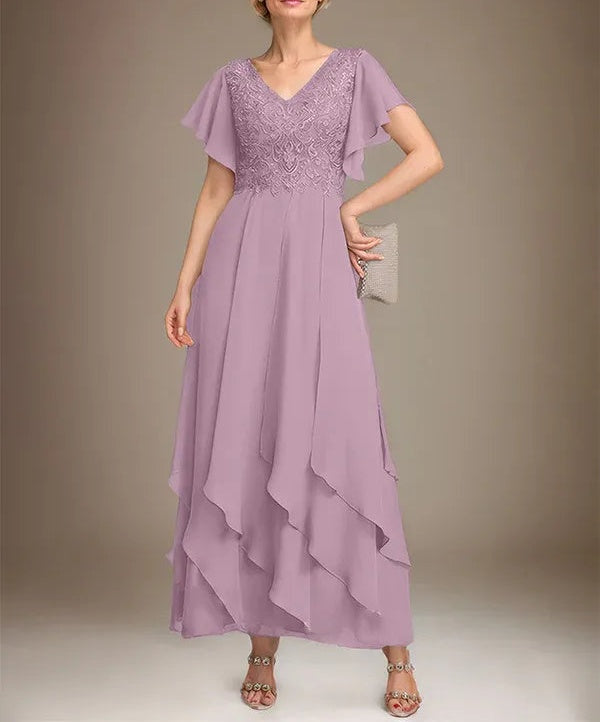 A-line V-Neck Ankle-Length Lace Chiffon Mother of the Bride Dress With Cascading Ruffles