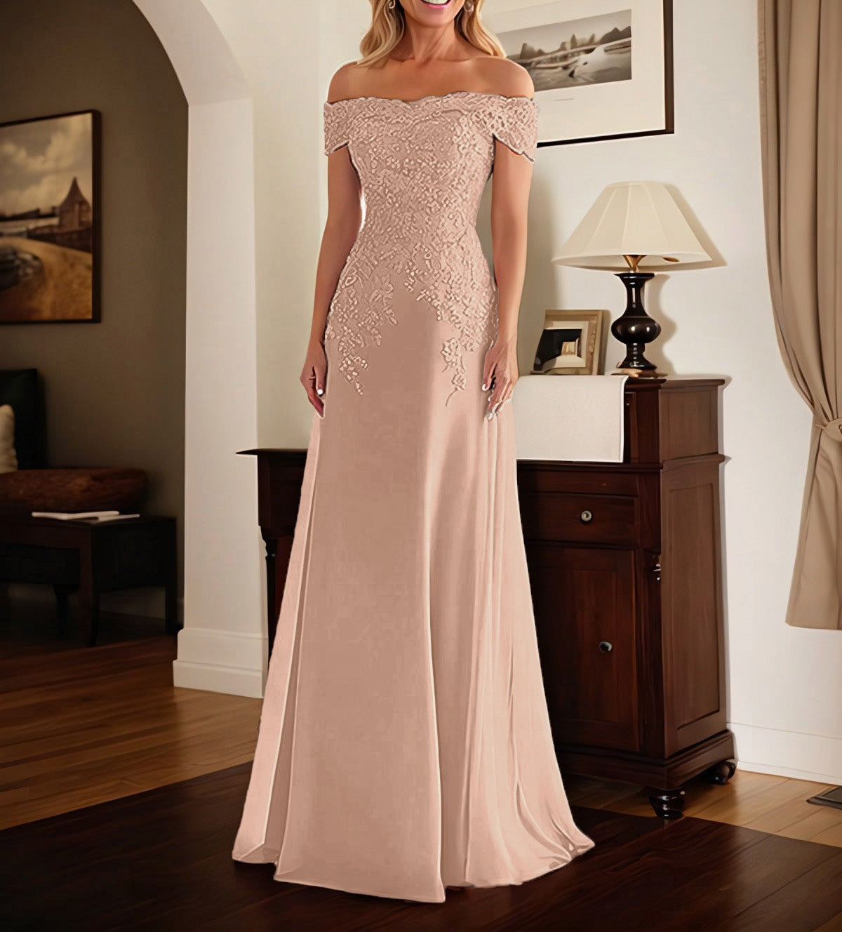 Elegant Taupe Off The Shoulder Sheath Mother of the Bride Dress with Lace