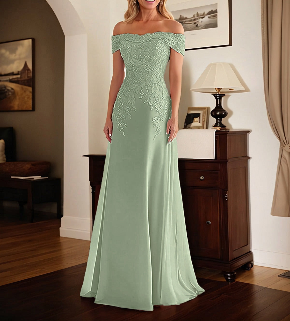 Elegant Taupe Off The Shoulder Sheath Mother of the Bride Dress with Lace
