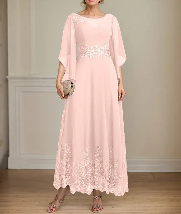 A-line Scoop Illusion Ankle-Length Lace Chiffon Mother of the Bride Dress With Sequins