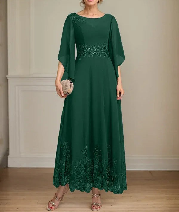 A-line Scoop Illusion Ankle-Length Lace Chiffon Mother of the Bride Dress With Sequins