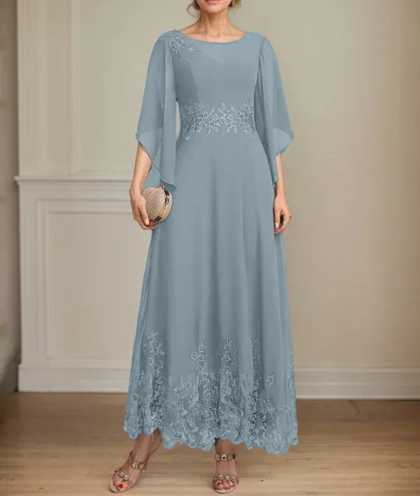 A-line Scoop Illusion Ankle-Length Lace Chiffon Mother of the Bride Dress With Sequins