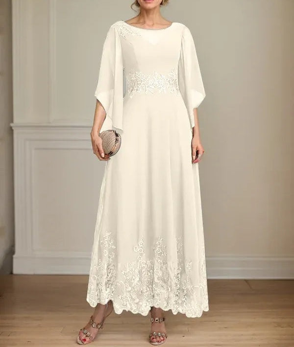 A-line Scoop Illusion Ankle-Length Lace Chiffon Mother of the Bride Dress With Sequins