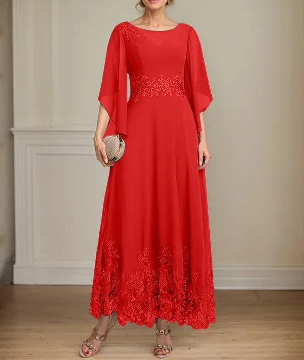 A-line Scoop Illusion Ankle-Length Lace Chiffon Mother of the Bride Dress With Sequins