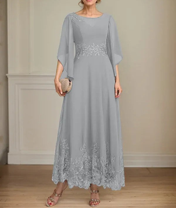 A-line Scoop Illusion Ankle-Length Lace Chiffon Mother of the Bride Dress With Sequins