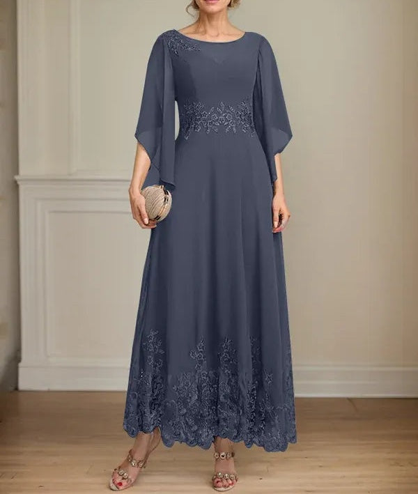 A-line Scoop Illusion Ankle-Length Lace Chiffon Mother of the Bride Dress With Sequins