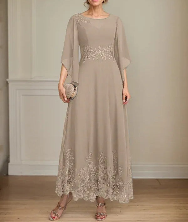 A-line Scoop Illusion Ankle-Length Lace Chiffon Mother of the Bride Dress With Sequins