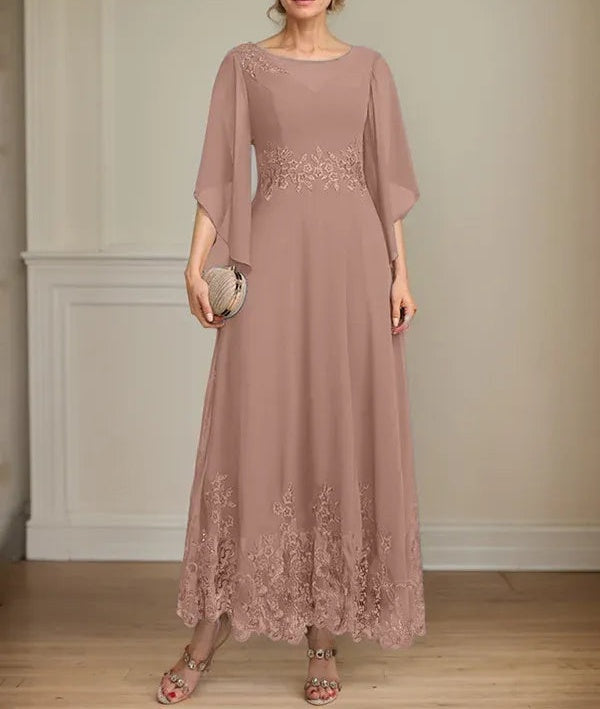 A-line Scoop Illusion Ankle-Length Lace Chiffon Mother of the Bride Dress With Sequins