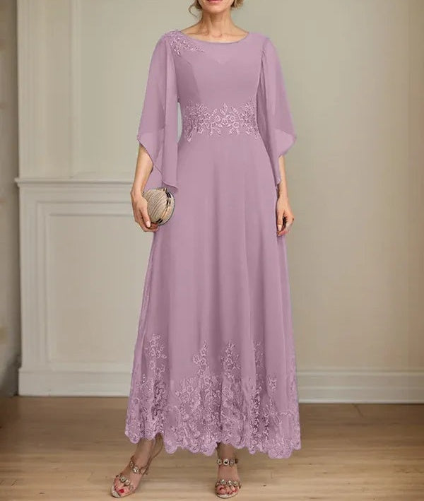 A-line Scoop Illusion Ankle-Length Lace Chiffon Mother of the Bride Dress With Sequins