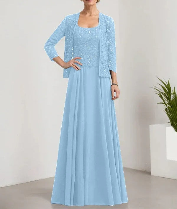 A-line Square Floor-Length Lace Chiffon Mother of the Bride Dress With Sequins