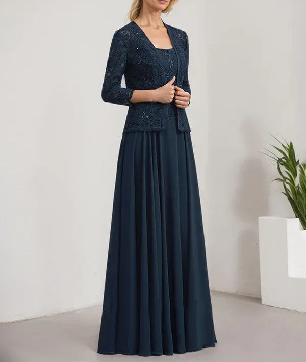 A-line Square Floor-Length Lace Chiffon Mother of the Bride Dress With Sequins