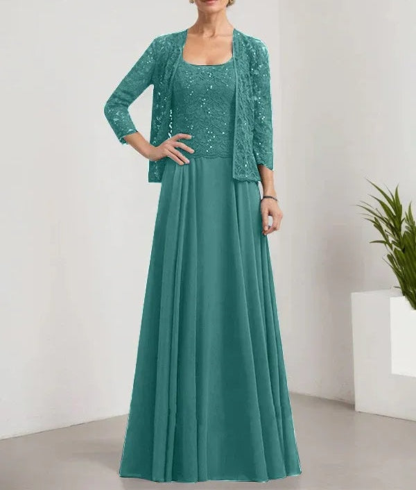 A-line Square Floor-Length Lace Chiffon Mother of the Bride Dress With Sequins