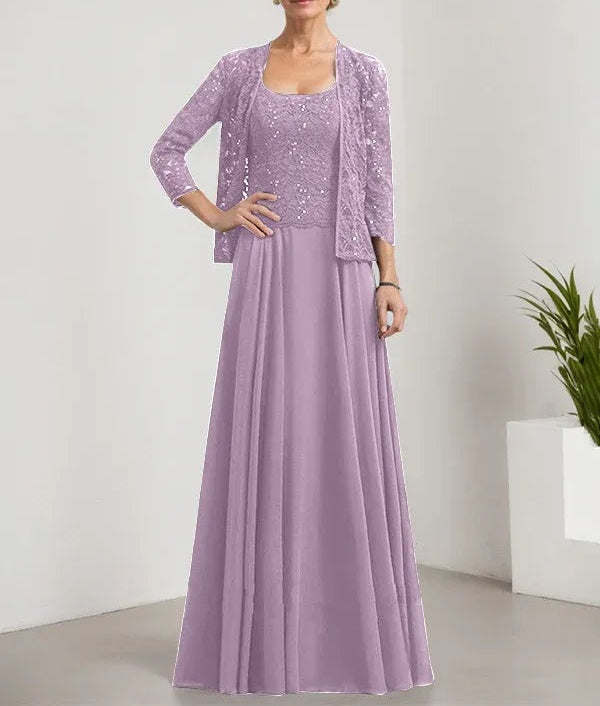 A-line Square Floor-Length Lace Chiffon Mother of the Bride Dress With Sequins